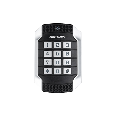 HIK-331 | Tastiera antivandalo da esterno HIKVISION con lettore di tessere. Lettore di tessere Mifare 1. Cicalino acustico incorporato. Interfaccia RS485 e Wiegand 26/34. Allarme manomissione. Scocca in lega di zinco + materiale PC. Grado di protezione IP65. Protezione antivandalismo IK10