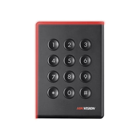 HIK-333 | Lector Mifare HIKVISION con teclado. Estándar ISO 14443-A Mifare 13,56MHz. Rango de lectura: ≤50 mm. Comunicación Wiegand 26/34, RS485, OSDP. Alarma antisabotaje. Protección IP65.