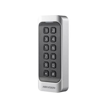 HIK-336N | Lector Mifare HIKVISION con teclado. Estándar Mifare 13,56MHz. Rango de lectura: ≤50 mm. Comunicación Wiegand 26/34, RS485, OSDP. Alarma antisabotaje. Protección IP65.
