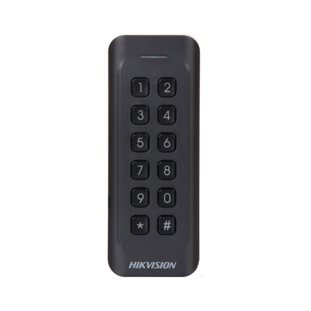 HIK-342 | Lector Mifare HIKVISION con teclado 12 teclas. Estándar ISO 14443-A Mifare 13,56MHz. Rango de lectura: ≤50 mm. Comunicación Wiegand 26/34. Watchdog. Protección IP65.
