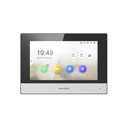 HIK-366 | Monitor IP da interno HIKVISION. Nuovo design dell'interfaccia user-friendly. Touchscreen da 7 pollici con risoluzione 1024x600. standard PoE. Memorizza i messaggi e acquisisci immagini sulla scheda TF. Sblocco remoto tramite software client o App. Visualizzazione delle immagini in diretta da videocitofoni e telecamere IP collegate