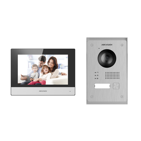 HIK-382 | Kit de videoportero a 2 hilos HIKVISION. Plug & Play. Recibe videollamadas y desbloquea a través del monitor interior o desde App móvil. Pantalla táctil de 7 pulgadas (1024x600). Cámara a color de 2MP con WDR y visión nocturna de 3 metros. Protección IP65.