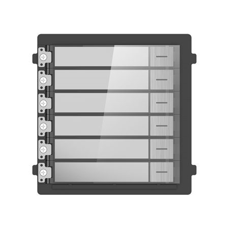HIK-404 | Módulo pulsador simple HIKVISION con 6 botones de llamada. Para sistema de videoportero modular serie KD8. Permite nombrar los botones mediante etiquetas. Requiere soporte de montaje. Fácil de expandir. Protección IP65.