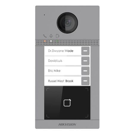 HIK-407 | Videoportero IP HIKVISION. 4 botones de llamada. Cámara HD de 2 megapíxeles. Visión nocturna de 3m. Lector de proximidad MIFARE. Audio bidireccional. Baja iluminación. Funciones de control de accesos. Tamper antisabotaje. Configuración remota via web. WiFi de 2,4GHz. Protección IK08