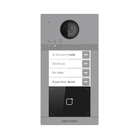 HIK-408 | Videoportero IP HIKVISION. 4 botones de llamada. Cámara HD de 2 megapíxeles. Visión nocturna de 3m. Lector de proximidad MIFARE. Audio bidireccional. Baja iluminación. Funciones de control de accesos. Tamper antisabotaje. Configuración remota via web. WiFi de 2,4GHz. Protección IK08. Instalación empotrada.