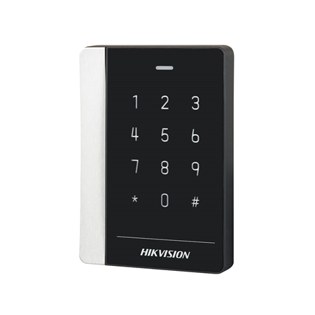 HIK-410 | Lector HIKVISION de tarjetas Mifare 13,56MHz con teclado incorporado. Rango de lectura: ≤50 mm. Comunicación Wiegand 26/34, RS485. Alarma antisabotaje. Protección IP64.
