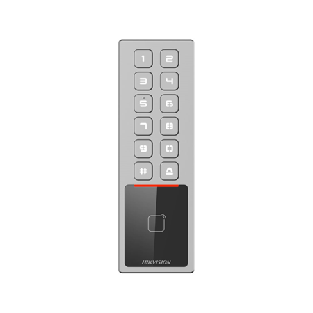 HIK-834|Terminal de control de accesos Hikvision con lector de tarjetas M1, teclado, IP65 e IK08