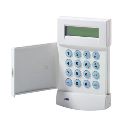 HONEYWELL-5 | Teclado LCD alfanumérico de 2 líneas de 16 caracteres. Teclas retroiluminadas. Zumbador incorporado. Tapa de protección extraíble de apertura horizontal. Tamper antisabotaje. Compatible con controles Galaxy. EN50131-1, EN50131-3, Grado 3, Clase ambiental II