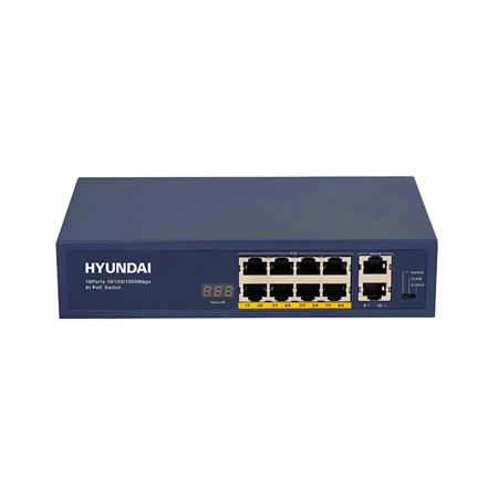 HYU-400N | Switch no gestionable de 8 puertos PoE 10/100/1000M. 2 puertos RJ45 uplink 10/100/1000M. Ancho de banda backplane de 20 Gbps. Tasa de reenvío de paquetes 14,88 Mbps. Admite fuente de alimentación inteligente PoE. Admite interruptor de una tecla, VLAN, extender. Diseño de búfer grande, el video de alta definición no se congela. Admite control de flujo full-duplex IEEE 802.3x y flujo half-duplex de contrapresión. Cada puerto RJ45 admite funciones de desvío automático MDI / MDIX y reenvío a velocidad de cable
