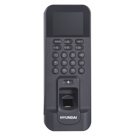 HYU-640 | Standalone access control and presence terminal with fingerprint reader and EM card reader. Up to 3.000 fingerprint, 3.000 cards, 100.000 events and 150.000 assitance regs. 2,4" display. TCP/IP and RS485. 1 door sensor input and 1 exit button REX. 1 door relay output. For indoors.
