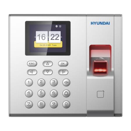 HYU-729 | Standalone HYUNDAI Access Control and Presence terminal with biometric fingerprint reading and EM card reader. Up to 1,000 fingerprints, 1,000 cards, 1,000 users, 100,000 events and 50,000 attendance records. It incorporates a 2.4" screen. TCP / IP communication. Inputs for 1 door sensor and 1 REX output button. Outputs for 1 door lock relay and 1 doorbell relay. Not suitable for outdoor use.