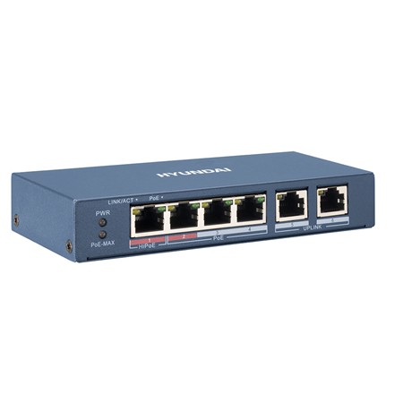 HYU-821 | 1-port 10 / 100M Hi-PoE + 3 10 / 100M PoE ports + 2 Uplink ports unmanaged commercial switch. Extended mode up to 250 meters. Lightning-proof 6KV. 48V DC.