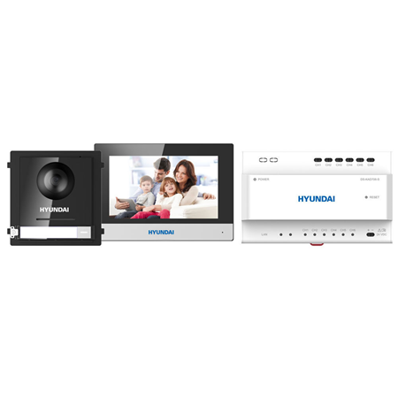 HYU-825 | HYUNDAI Plug & Play two-wire video intercom kit. Indoor 7 "touch screen monitor. Metal exterior panel, waterproof, IP65. 2 megapixel HD fisheye camera with night vision and 180 ° viewing angle. 2-wire power supply with 4-channel interface.