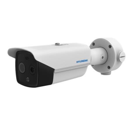 HYU-846 | Thermal + visible bullet camera HYUNDAI NEXTGEN Thermal-Line series with IR illumination of 40 m, for outdoors. 4 Megapixel 1 / 2.7 CMOS viewable camera. 8mm visible lens. Thermal camera with 160 x 120 resolution, 9.7 mm thermal lens. Detection of people up to 285 meters and vehicles up to 875 meters. WDR 120dB, 3D-DNR. Intelligent detection (VCA). IP / ANALOG video output. 1 audio input / 1 output. 2 alarm inputs / 2 outputs. RS485 port. MicroSD slot. API, ISAPI. Lightning-proof 6KV. IP66. 12V DC. PoE.