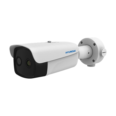 HYU-909 | Cámara bullet térmica + visible Thermal-Line con iluminación IR de 50 m, para exterior. Cámara visible con CMOS 1/2,7 de 4 megapíxeles. Óptica visible de 6 mm. Cámara térmica con resolucion 384 x 288, lente térmica de 15 mm. Deteccion de personas hasta 441 metros y de vehículos hasta 1353 metros. WDR 120dB, 3D-DNR. Detección inteligente (VCA). Salida de video IP/ANALOGICA. 1 entrada / 1 salida de audio. 2 entradas / 2 salidas de alarma. Ranura MicroSD. Onvif, PSIA, CGI. Lightning-proof 6KV. IP66. 12V CC, 24V CA. PoE. Incluye soporte de pared y base de tubo