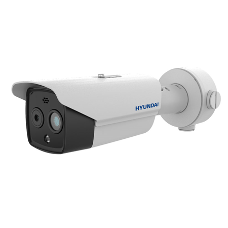 HYU-936 | Thermal bullet camera + visible Thermal-Line. Thermal resolution 256x192. 3.6mm lens (50°x37.3°). Detect people up to 150m. Detect vehicles up to 460m. Temperature detection. Thermal Focal Length: 3.6mm (50°x37.3°). Viewable focal length: 4.3mm (50°x37.3°). 1 input / 1 audio output. 2 inputs / 2 alarm outputs. MicroSD, WDR 120dB, IP67, PoE. Includes tube stand and base