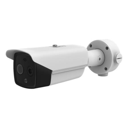 HIK-240 | Cámara bullet termográfica + visible HIKVISION para medición de temperatura corporal con iluminación IR de 40 m, para uso en interior. Cámara visible con CMOS 1/2,7 de 4 megapíxeles. Óptica visible de 8 mm. Cámara térmica con resolucion 160 x 120, lente térmica de 6 mm. Distancia de detección de 1,5 ~ 2,5 metros. WDR 120dB, 3D-DNR. Salida de video IP/ANALOGICA. 1 entrada / 1 salida de audio. 2 entradas / 2 salidas de alarma. Puerto RS485. Ranura MicroSD. API, ISAPI. Lightning-proof 6KV. IP66. 12V CC. PoE.
