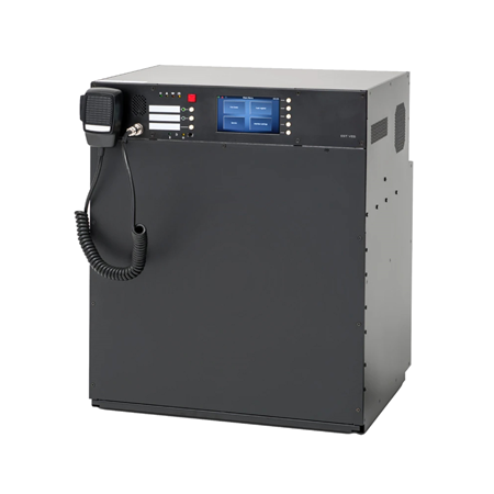 INTEVIO-56 | Sistema compacto INTEVIO de PA/VA certificado EN54-16 y EN54-4 para montaje en pared. Doble amplificador integrado de 640W (uno es de reserva) libremente distribuible en 8 líneas de altavoces o 4 zonas (líneas A/B). Panel frontal completo con LED de estado, menú de navegación, pantalla táctil en color de 4,5" y micrófono PTT para uso de emergencia. DSP dedicado para los canales de audio y la salida de audio. 1 entrada de audio auxiliar. 7 entradas supervisadas y 3 salidas de relé programables. Incluye una tarjeta de red ETH para la conexión del sistema en red y la conexión de las bases de los micrófonos (las estaciones de llamada se alimentarán localmente). Incluye un cargador de baterías para una capacidad máxima de carga de 4 baterías de 12V y 35 Ah.