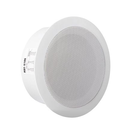 INTEVIO-69 | Altavoz de teccho de 6W para montaje empotrado de bajo perfil (75mm) para líneas de 100V con transformador de potencia variable (6-3-1,5-0,75W). Sensibilidad EN54: 91 dB @ 1W/1m. Respusta en frecuencia: 120 - 20.000 Hz. Grado de protección IP32C. Cubierta de metal, pinza de cerámica y fusible térmico incluidos. Fijación del techo por resorte. Plástico ABS. Color blanco RAL 9003