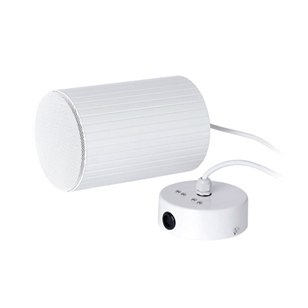 INTEVIO-73 | Proyector de aluminio de 20W para líneas de 100V con transformador de potencia variable (20-10-5-2.5W). Para instalación suspendida. Sensibilidad EN54: 91 dB@1W/1m. Respuesta de frecuencia 130÷20.000 Hz. Grado de protección IP66. Color blanco RAL 9003. Incluye pinza de cerámica y termofusible interno