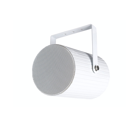 INTEVIO-74 | Proyector de aluminio de 20W para líneas de 100V con transformador de potencia variable (20-10-5-2.5W). Sensibilidad EN54: 91 dB@1W/1m. Respuesta de frecuencia 130÷20.000 Hz. Grado de protección IP66. Color blanco RAL 9003. Incluye soporte articulado de un solo eje, pinza de cerámica y termofusible interno