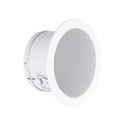 NOTIFIER-637 | Altavoz metálico de techo Notifier para montaje empotrado. Potencia de 6W para líneas de 100V con transformador de potencia variable (6-3-1,5-0,75W). Respuesta de frecuencia: 120 - 20.000 Hz. Grado de protección IP32C. Cubierta de metal, pinza de cerámica y fusible térmico incluidos. Fijación del techo por resorte. Sensibilidad EN54: 93dB @ 1W/1m