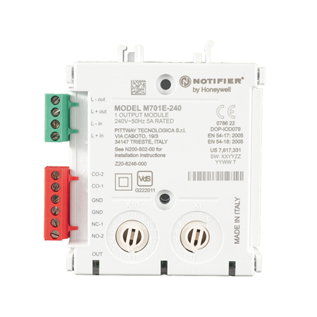 NOTIFIER-705 | Módulo de control direccionable 240V CA. Permite activar equipos externos mediante un contacto seco (NC/C/NA) de 250V CA / 5A. Compatible con protocolos OPAL 159+159 y CLIP 99+99