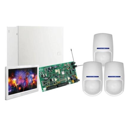 PAR-308 | Pyronix Paradox kit composed by: 1x Hybrid Central PAR-7 (PCBMG5050) of 5 zones (10 with ATZ), expandable to 32. Wireless receiver 868 MHz. 1x big metal box PAR-116 with 2,2 Amp transformer and 7,2Ah battery capacity. 1x keyboard PAR-231 (TM70) 7,0" touchscreen. 3x double technology detector PYRO-7 (KX15DT).