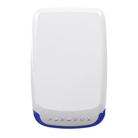 PAR-341 | PARADOX outdoor radio siren with a built-in strobe light. Frequency 868MHz. Piezoelectric siren of 100dB. Fully supervised. Provides rapid response to alarm signals with differentiation between intruder and fire events. Weatherproof (IP54). EN50131 Grade 2
