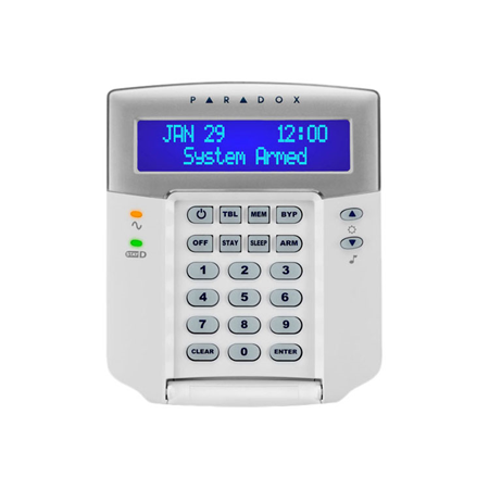 PAR-6NI | Teclado Paradox K32LCD compatible con las centrales de alarma Paradox. Textos en inglés. Teclado LCD de 32 caracteres con switch anti tamper + 1 entrada de zona y certificado Grado II.