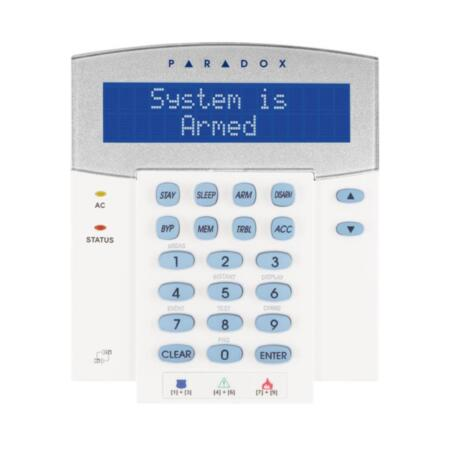 PAR-78I | Paradox Evo K641R LCD keypad with proximity reader. 32-character blue LCD display with programmable labels. Control and display up to 192 zones in 8 partitions. Built-in card reader. Access by card and / or access code. Armed / disarmed with access card or code. Left open door and forced open door alarms. Zone alarm screen: zones in alarm are displayed until the system is disarmed. Assignment to one or more partitions. 3 keypad activated panic alarms. Door lock output. Tamper tamper. Field upgradeable firmware via 307USB and InField software. Multilingual display. Compatible with EVO192 and EVOHD