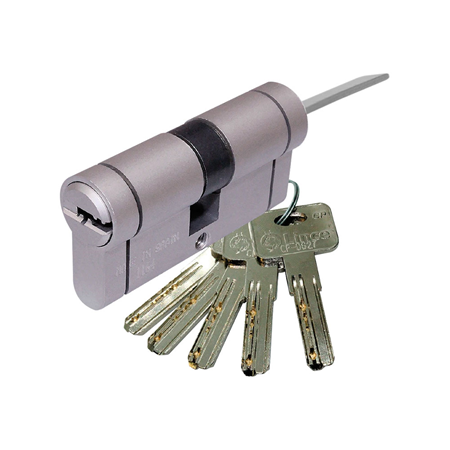 SALTO-007 | Cylinder with pre-cut plate on the inside. Anti-drill protection. Anti-bumping and anti-pick pitons and rams system. Nickel finish. 35mm outer side dimensions. European standard for cylinders UNE-EN1303