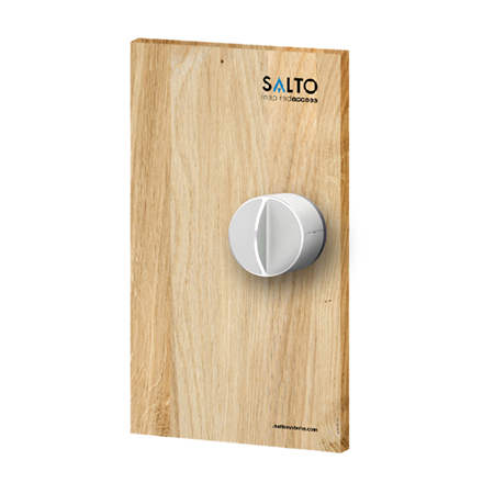 SALTO-012 | Danalock smart lock. Bluetooth and Z-Wave technology. Motorized lock. Silver finish. Natural Wood Demonstration Block