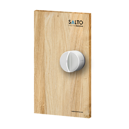SALTO-012 | Cerradura inteligente Danalock. Tecnología Bluetooth y Z-Wave. Cerradura motorizada. Acabado en plata. Bloque de demostración de madera natural