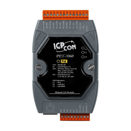 SAM-3160P | Ethernet input and output module with 6-channel relay, 6-channel digital input. Embedded web server. HMI web. It supports Modbus TCP and Modbus UDP protocols. Communication security. 2-port Ethernet switch for daisy-chain topology. Dual watchdog. Extended temperature range of -25 ° C ~ + 75 ° C. I / O pair connection. Built-in I / O. DI / Counter: 6 channels. 6 channel power relay