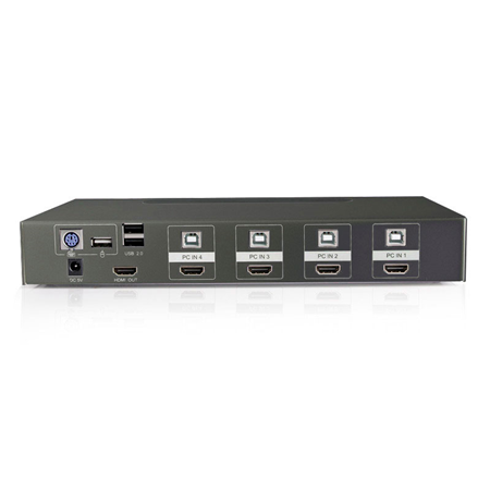 SAM-4516N | Conmutador KVM de 4 puertos con conexiones HDMI y USB con interruptor táctil. Interfaz USB y PS/2 en el lado de la consola. Salida HDMI. Hasta 4K 30Hz. Incluye adaptador de corriente.