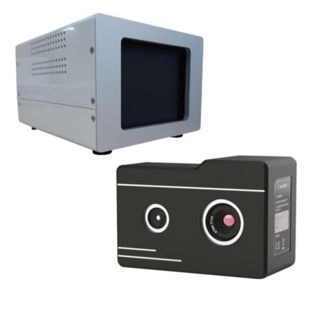 SAM-4661 | Thermal + visible bullet camera with temperature measurement. 1920x1080 viewable camera. 4.4 mm (90 °) visible optics. Thermal camera with 384 x 288 resolution, 9.6 mm thermal lens. Sensing distance 0.5 ~ 3 meters. USB ports for power, control and data output. 5V DC. Includes blackbody unit and two tripods