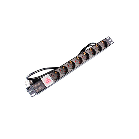 SAM-4721 | Regleta negra con 8 enchufes e interruptor. Permite ordenar la distribución de la alimentación de equipos rack. Corriente nominal de 16A. Voltaje máximo de 250V. Rack 1U 19"