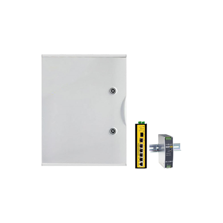 SAM-4801 | Kit alimentación farolas. 1x Caja para farolas SAM-4798. 1x Switch POE gestionable L2 de 4 POE Gigabit + 2 SFP Gigabit WITEK-0021. 1x Fuente de alimentación Industrial de 48V/120W WITEK-0061