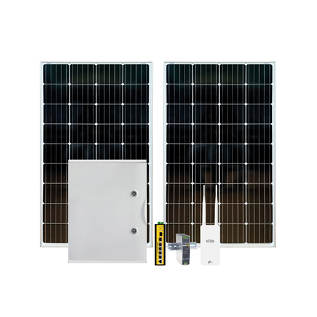 SAM-4802 | Kit Solar. 1x Caja para farolas con carga solar SAM-4799. 1x Switch POE gestionable L2 de 4 POE Gigabit + 2 sfp Gigabit WITEK-0021. 1x Fuente de alimentación Industrial de 48V/120W WITEK-0061. 1x Enrutador inalámbrico 4G LTE para exteriores con salida PoE WITEK-0046. 2x Panel solar de 100W Monocristalino de 12V SAM-6694. 2x Soporte para Panel Solar SAM-8501.