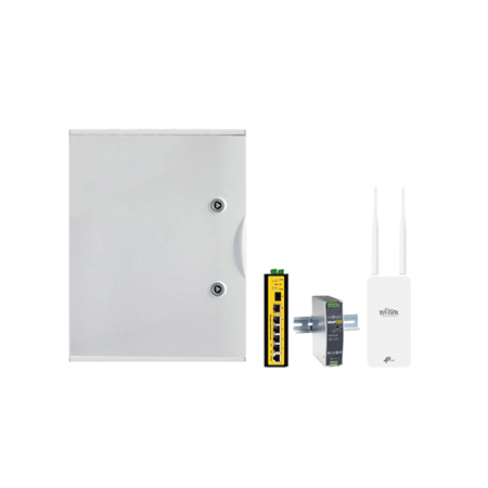 SAM-4803 | Kit alimentación farolas. 1x Caja para farolas SAM-4798. 1x Switch POE gestionable L2 de 4 POE Gigabit + 2 SFP Gigabit WITEK-0021. 1x Enrutador inalámbrico 4G LTE para exteriores con salida PoE WITEK-0046. 1x Fuente de alimentación Industrial de 48V/120W WITEK-0061