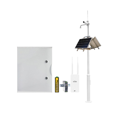 SAM-4804 | Kit Solar. 1x Caja para farolas con carga solar SAM-4799. 1x Switch POE gestionable L2 de 4 POE Gigabit + 2 SFP Gigabit WITEK-0021. 1x Fuente de alimentación Industrial de 48V/120W WITEK-0061. 1x Enrutador inalámbrico 4G LTE para exteriores con salida PoE WITEK-0046. 2x Panel solar de 100W Monocristalino de 12V SAM-6694. 2x Soporte para Panel Solar SAM-8501. 1x Báculo de 4 metros para instalación de cámaras y domos de CCTV
