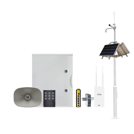 SAM-4806 | Solar Kit. 1x Box for street lights with solar charging SAM-4799. 1x L2 Manageable POE Switch L2 of 4 Gigabit POE + 2 Gigabit SFP WITEK-0021. 1x 48V/120W Industrial Power Supply WITEK-0061. 1x Outdoor 4G LTE Wireless Router with PoE output WITEK-0046. 2x 100W Monocrystalline 12V Solar Panel SAM-6694. 2x Solar Panel Bracket SAM-8501. 1x 4 meter pole for CCTV cameras and domes installation. 1x IP public address speaker horn speaker SAM-4742. 1x VARIO2 IP RAYTEC-67 long range hybrid IP lighting spotlight.