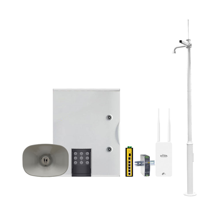 SAM-4807 | Power supply kit for street lights. 1x Box for street lights SAM-4798. 1x L2 Manageable POE Switch L2 of 4 Gigabit POE + 2 Gigabit SFP WITEK-0021. 1x 48V/120W Industrial Power Supply WITEK-0061. 1x Outdoor 4G LTE wireless router with PoE output WITEK-0046. 1x 4 meter pole for installation of CCTV cameras and domes. 1x IP public address speaker horn speaker SAM-4742. 1x VARIO2 IP long range hybrid IP floodlight RAYTEC-67.