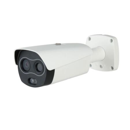 TC-B1 | Thermal bullet camera + visible with 35m IR illumination, for outdoors. Visible camera with 1 / 2.8 Sony 2-megapixel CMOS. Visible 8mm lens. Thermal camera with 400 x 300 resolution, 13mm thermal lens. Body temperature measurement. ROI, video sensor and privacy masks. BNC video output. 1 audio input / 1 output. 2 alarm inputs / 2 outputs. RS485 port. MicroSD slot. IP67. 12V DC. PoE, ePoE.