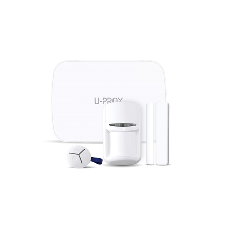 UPROX-003 | <strong> Kit U-Prox MP S white composed of: </strong>. 1x Central Ethernet + GPRS security <strong> UPROX-009 </strong> (U-Prox MP CENTER WHITE) with 30 partitions and up to 99 detectors via radio. 1x PIR detector via radio <strong> UPROX-017 </strong> (U-Prox PIR WHITE) with anti-pet. 1x Radio magnetic contact <strong> UPROX-026 </strong> (U-Prox WDC WHITE). 1x 3-button radio button <strong> UPROX-032 </strong> (U-Prox KEYFOB WHITE)