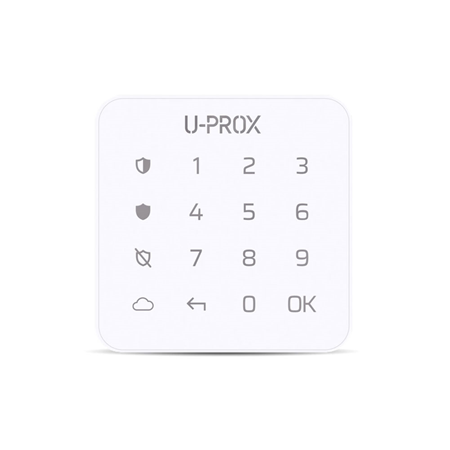 UPROX-013 | U-Prox keyboard with touch buttons. Backlit buttons. Small ergonomic keyboard. Sleek, low-profile design. Control a partition (security group). It works with two AAA (LR03) batteries with a useful life of up to 2 years. Quick and easy installation. RF frequency 868 ~ 868.6MHz. Multiple channels for redundancy. Range up to 4800 meters. Hands-free or code identification. Duress code