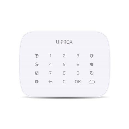 UPROX-015 | U-Prox keyboard with touch buttons. Backlit buttons. Ergonomic keyboard. Elegant design. It controls four partitions (security groups). It works with four AAA (LR03) 1.5V batteries with a useful life of up to 2 years. Quick and easy installation. RF frequency 868 ~ 868.6MHz. Multiple channels for redundancy. Range up to 4800 meters. Hands-free or code identification. Sabotage detection. Programmable key and duress code