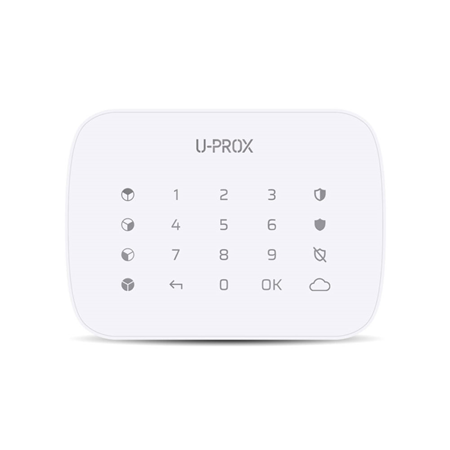 UPROX-015 | Tastiera U-Prox con pulsanti a sfioramento. Pulsanti retroilluminati. Tastiera ergonomica. Design elegante. Controlla quattro partizioni (gruppi di sicurezza). Funziona con quattro batterie AAA (LR03) da 1,5 V con una vita utile fino a 2 anni. Installazione facile e veloce. Frequenza RF 868 ~ 868.6MHz. Canali multipli per la ridondanza. Portata fino a 4800 metri. Identificazione a mani libere o codice. Rilevamento sabotaggio. Tasto programmabile e codice coercizione