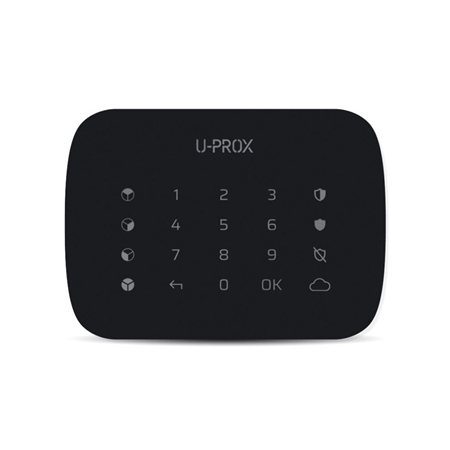 UPROX-016 | U-Prox keyboard with touch buttons. Backlit buttons. Ergonomic keyboard. Elegant design. It controls four partitions (security groups). It works with four AAA (LR03) 1.5V batteries with a useful life of up to 2 years. Quick and easy installation. RF frequency 868 ~ 868.6MHz. Multiple channels for redundancy. Range up to 4800 meters. Hands-free or code identification. Sabotage detection. Programmable key and duress code